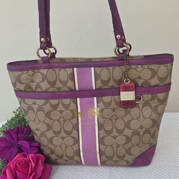 Coach Handbags - Coach Brown Purple Vintage Signature Coated Canvas Tote